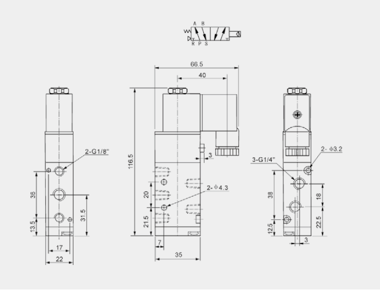 4V200系列二位五通單電控電磁閥結(jié)構尺寸圖